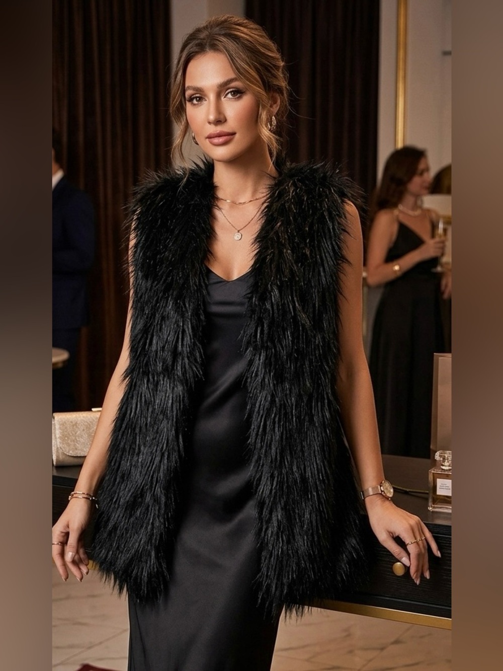 French Laundry Black Faux Fur Vest - Luxe Textured Layer